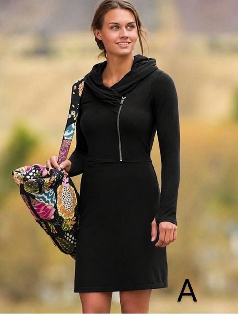 Athleta Black Long-Sleeve Asymmetric Zip Dress truly Black